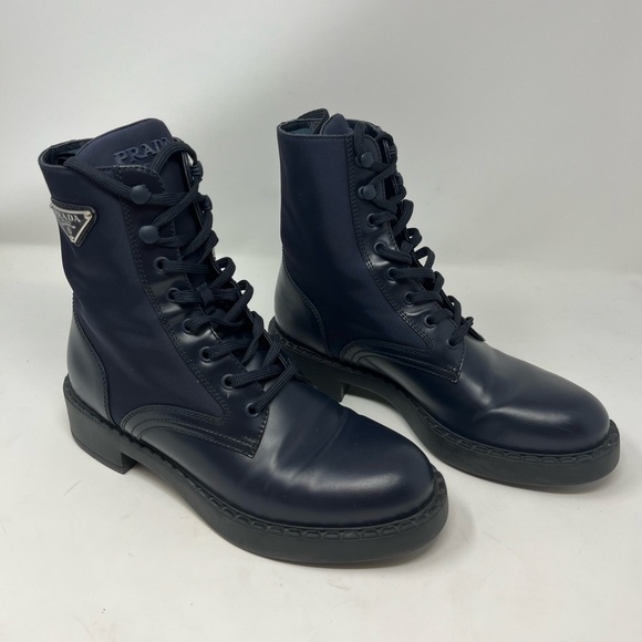 Prada Brushed Leather Monolith Re-Nylon Navy Combat Boot Triangle Logo size 39 - Picture 1 of 14